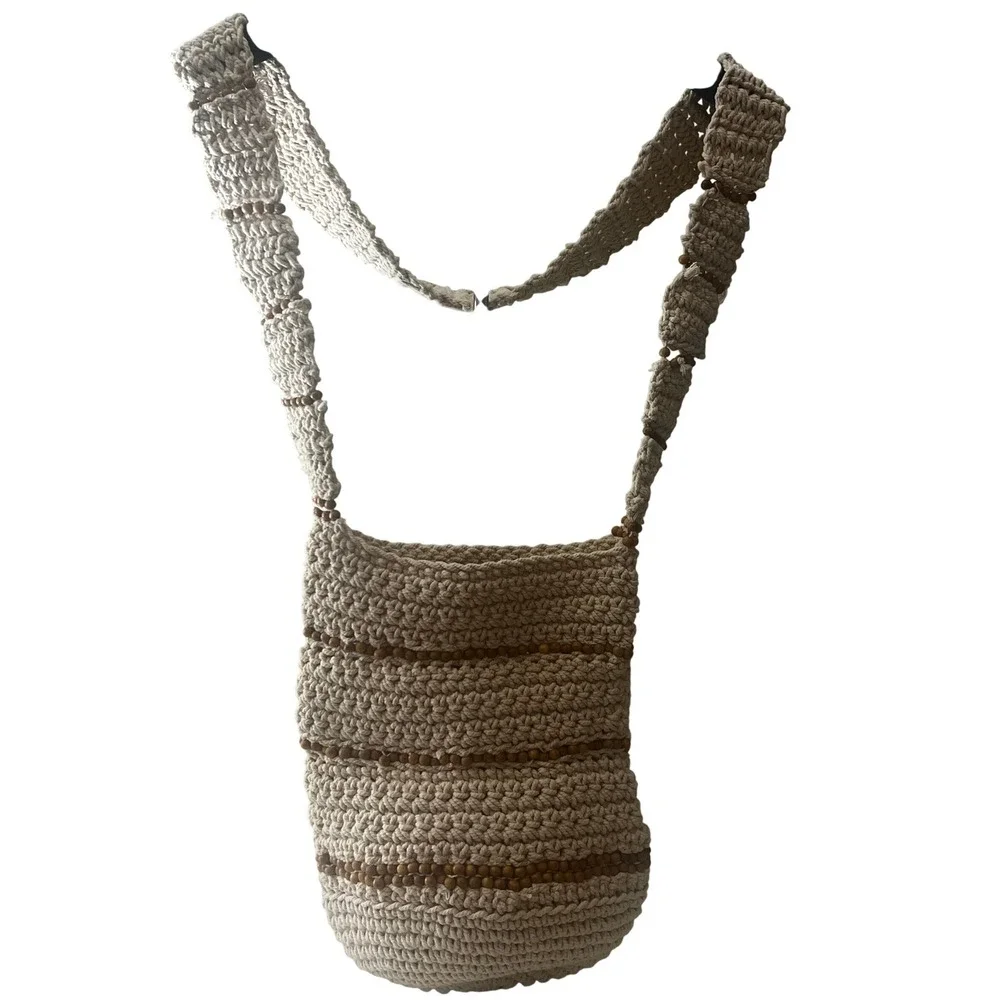 Free People Crochet Beaded Shoulder Bag Cream Boho Crossbody - Picture 3 of 7